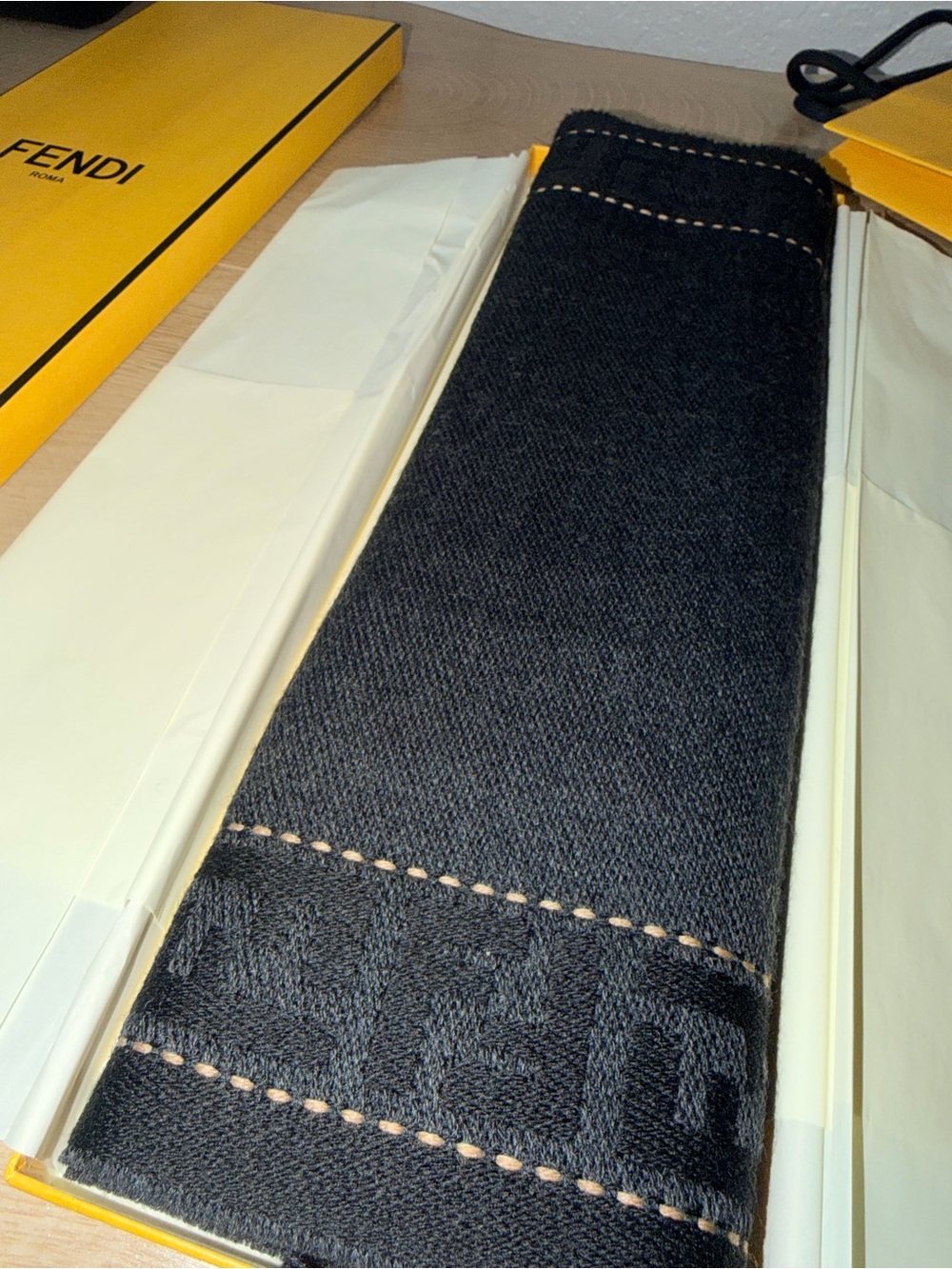 Fendi Black Knit Scarf with Contrast Stitching